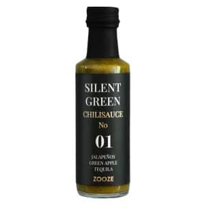 Flasche „Silent Green“ Chilisauce von Zooze – milde grüne Jalapeño-Sauce mit Apfel, Limette und Tequila für Tacos, Sushi und Grillgerichte.