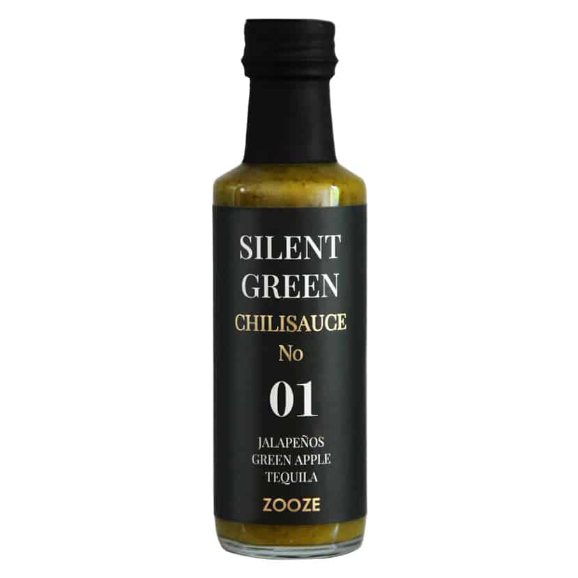 Flasche „Silent Green“ Chilisauce von Zooze – milde grüne Jalapeño-Sauce mit Apfel, Limette und Tequila für Tacos, Sushi und Grillgerichte.