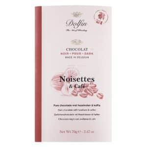 Zartbitterschokolade von Dolfin aus Belgien – dunkle Schokolade mit gerösteten Haselnussstückchen und aromatischem Kaffee.