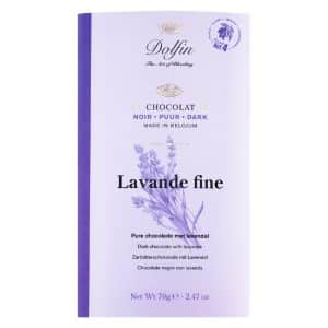 Tafel Zartbitterschokolade von Dolfin aus Belgien – aromatisiert mit Lavendelblüten und Vanille, mit 60 % Kakaoanteil.