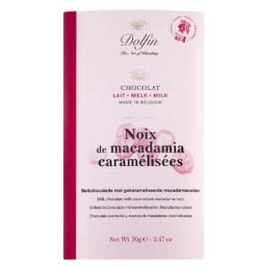Tafel Vollmilchschokolade von Dolfin aus Belgien – cremige Milchschokolade mit karamellisierten Macadamianüssen und feiner Vanille.