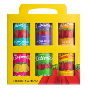 Sechser-Set italienischer Tomatenspezialitäten von San Marzano – sechs verschiedene Sorten geschälter und aromatischer Tomaten mit 1.480 g Gesamt-Abtropfgewicht.