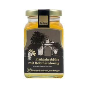 Glas Bio Frühlingsblütenhonig mit Robinie von Imkerei Jens Prüger aus Leipzig – heller, mild aromatischer Honig mit feiner Süße.