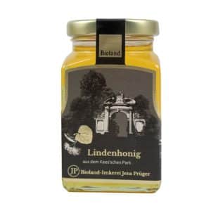 Glas Bio Lindenhonig flüssig von Imkerei Jens Prüger aus Leipzig – heller, aromatischer Honig mit frischer, leicht minziger Lindennote.