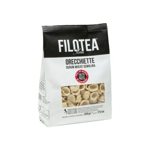 Packung Orecchiette von Filotea aus Italien – kleine, muschelförmige Hartweizenpasta mit griffiger Oberfläche, 500 g.