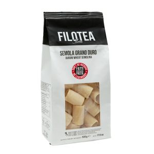 Packung Paccheri von Filotea aus Italien – große, kurze Hartweizenpasta mit rauer Oberfläche, 500 g.