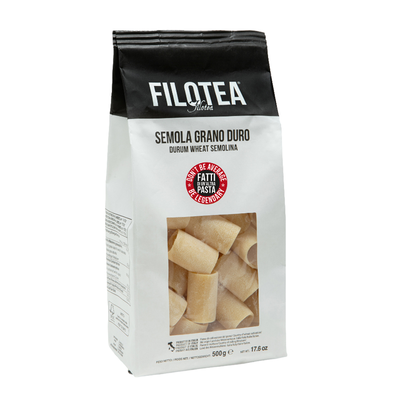 Packung Paccheri von Filotea aus Italien – große, kurze Hartweizenpasta mit rauer Oberfläche, 500 g.