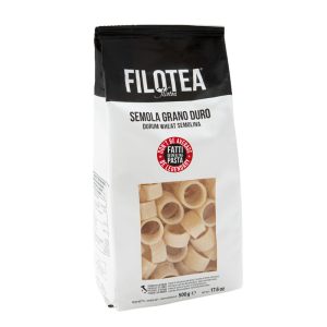 Packung Calamarata von Filotea aus Italien – breite, ringförmige Hartweizenpasta mit griffiger Oberfläche und kräftiger Struktur, 500 g.