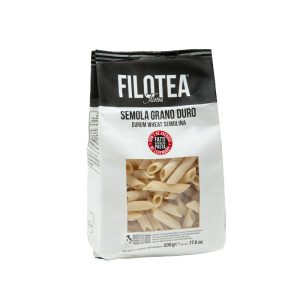 Packung Penne Rigate von Filotea aus Italien – gerillte Hartweizenpasta mit schräg geschnittenen Enden, 500 g.