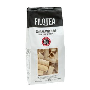 Packung Rigatoni von Filotea aus Italien – große gerillte Hartweizenpasta mit kräftiger Struktur, 500 g.