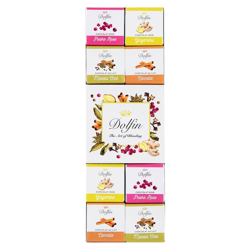 Schachtel Dolfin Carré 24 Épices aus Belgien – 24 Mini-Schokoladentafeln in Zartbitter und Vollmilch mit verschiedenen Gewürzen wie Pfeffer, Zimt und Ingwer.