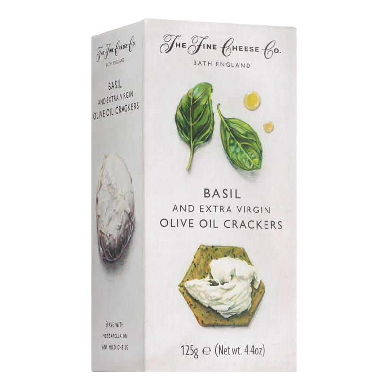 Packung Basilikum-Cracker von The Fine Cheese Co. aus Somerset – knusprige Cracker mit aromatischer Basilikumnote, 125 g.