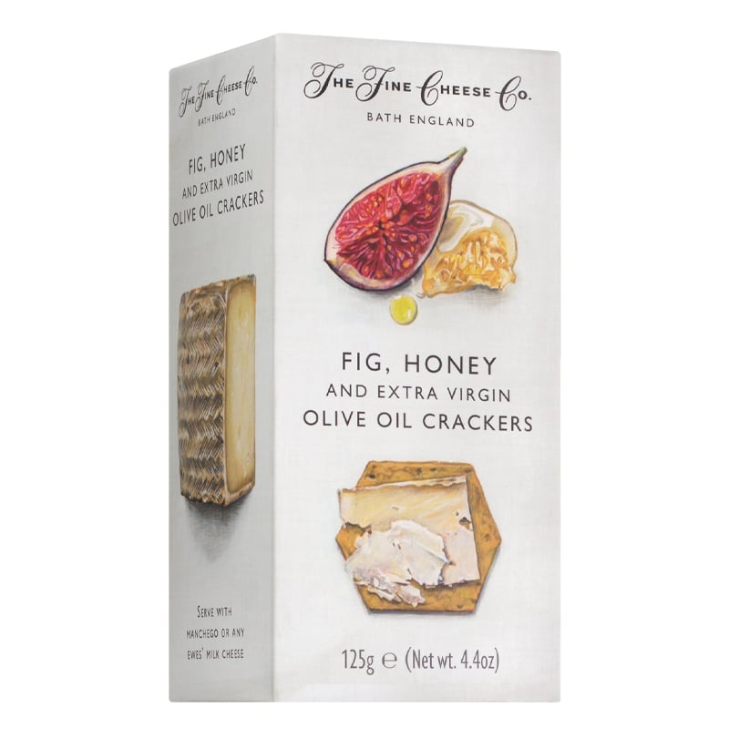 Packung Feigen-Cracker von The Fine Cheese Co. aus Somerset – knusprige Cracker mit fruchtigen Feigen, 125 g.