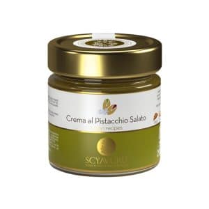 Glas gesalzene Pistaziencreme von Scyavuru aus Sizilien – süß-salzige Pistazienaufstrichcreme mit intensiver grüner Farbe.