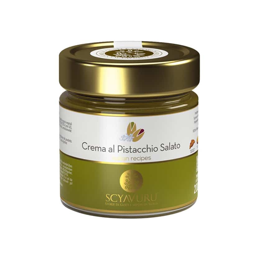 Glas gesalzene Pistaziencreme von Scyavuru aus Sizilien – süß-salzige Pistazienaufstrichcreme mit intensiver grüner Farbe.