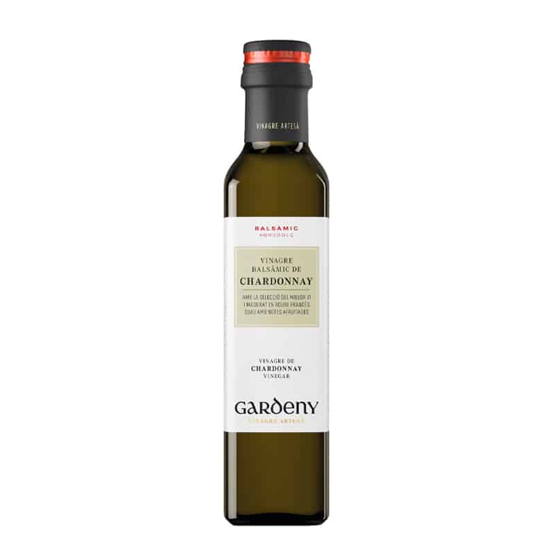 Flasche Vinagre de Vino Chardonnay von Gardeny aus Spanien, ein Weißweinessig aus Chardonnay-Trauben, 250 ml.