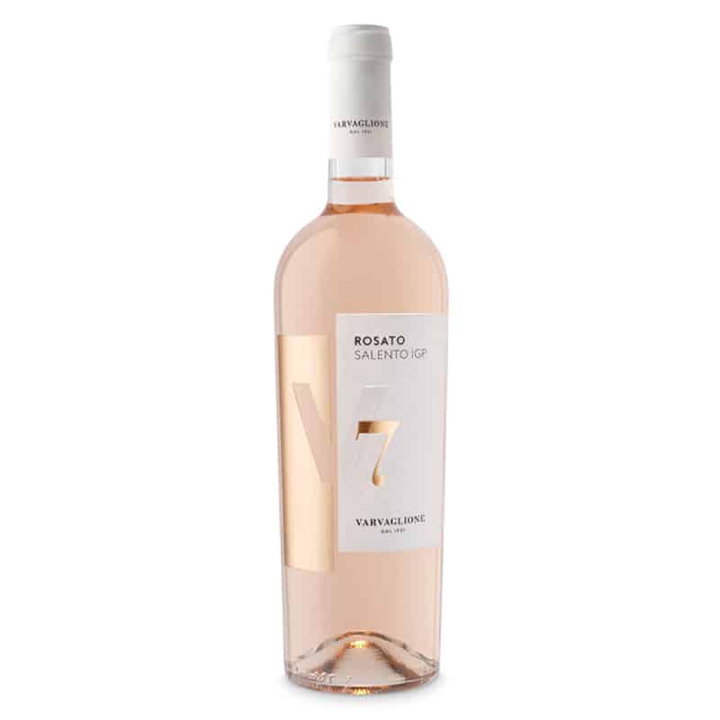 Flasche Rosato V7 von Varvaglione aus Italien – fruchtiger Roséwein mit 0,75 l Inhalt und eleganter, zartrosa Farbe.